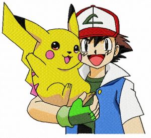 Pikachu with Ash Ketchum embroidery design
