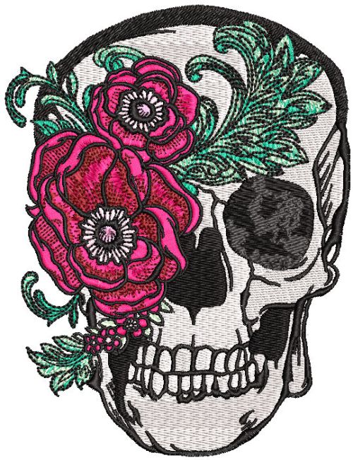 Skull with peony mask embroidery design