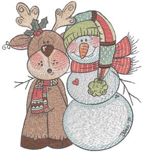 Moose and snowman in knitted scarves