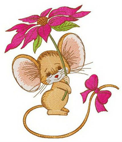 Mouse with bright pink flower machine embroidery design