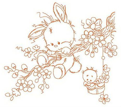 Bunny hanging on tree branch machine embroidery design