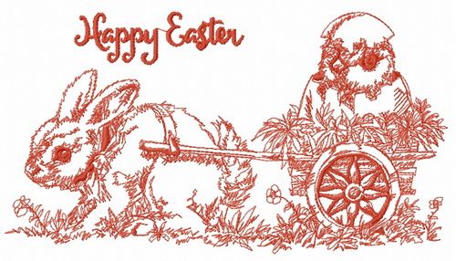 Easter bunny with cart machine embroidery design