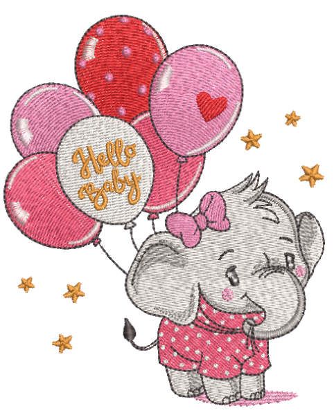 Baby elephant with balloons embroidery design
