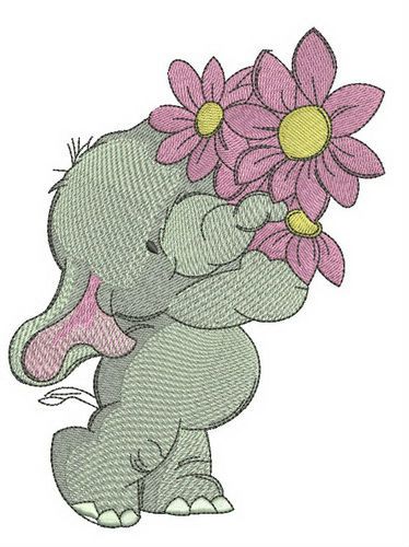 Elephant with pink flower machine embroidery design 
