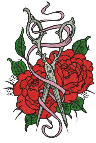 Vintage scissors and ribbon machine embroidery design