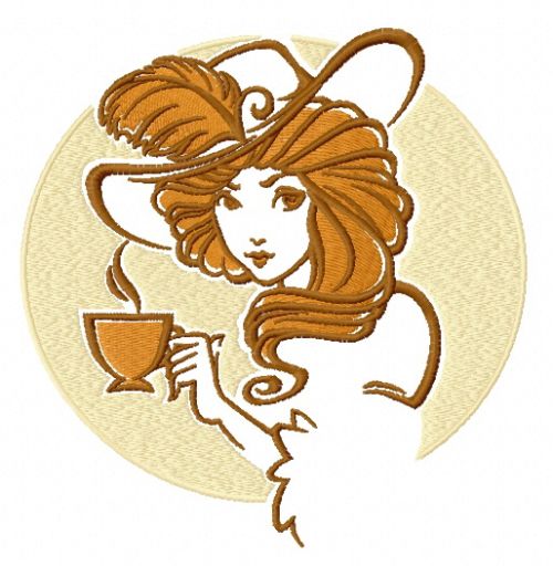 Retro girl with coffee cup machine embroidery design