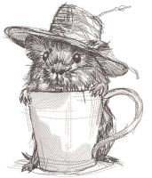 Mouse in a straw hat with a mug embroidery design