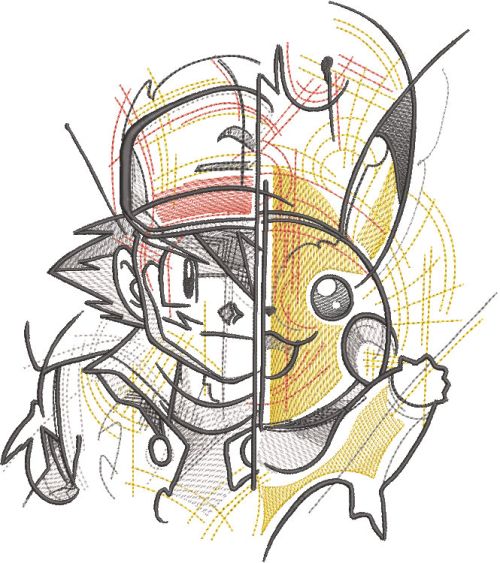 Ash Ketchum vs Pikachu embroidery design