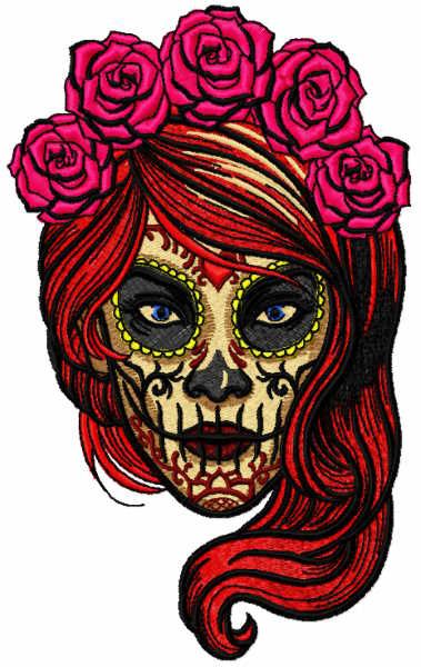 Female skull with roses mexican style embroidery design
