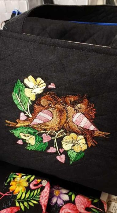 Bag with spring birds embroidery design  