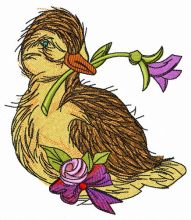 Duckling with flower in beak embroidery design