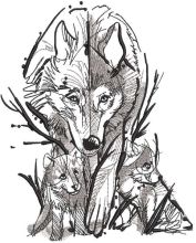 She-wolf with family sketch embroidery design