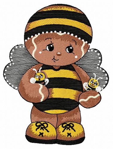 Gingerbread boy in bee costume machine embroidery design