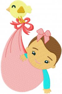 Baby in a diaper carried by a bird embroidery design
