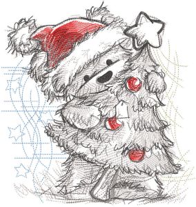 Santa teddy bear with Christmas tree greyscale sketch embroidery design