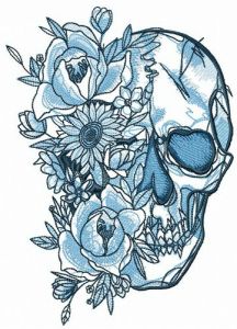 Skull among flowers embroidery design