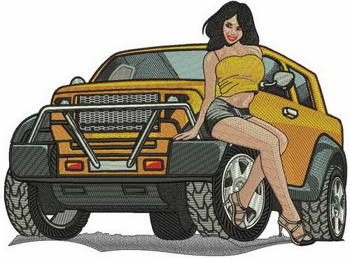 Sexy girl and SUV machine embroidery design