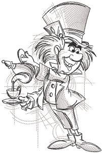 Mad Hatter with tea pot art sketch embroidery design