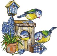 Chickadees bright birdhouses and clay pot of flowers embroidery design