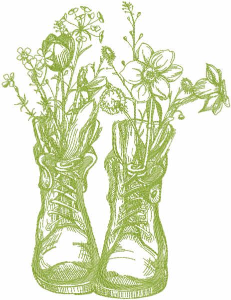 Two old boots in the garden embroidery design