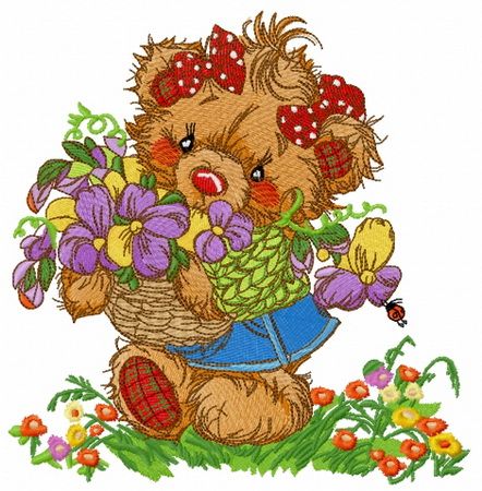 Teddy bear collecting flowers machine embroidery design