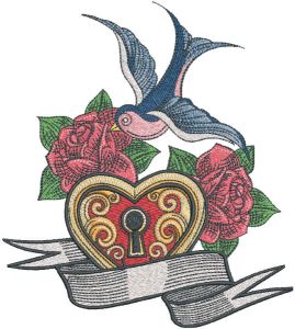 Swallow lock and rose embroidery design