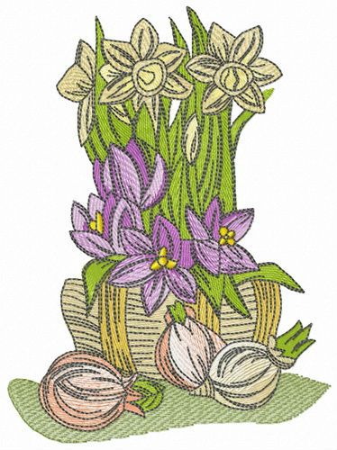 Daffodils and onion machine embroidery design