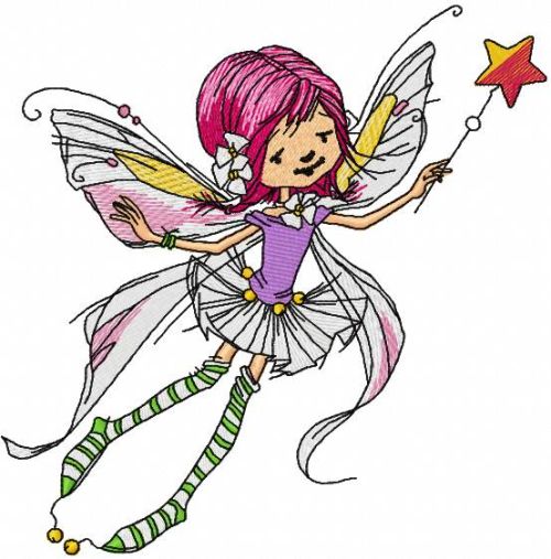 Flying fairy with magic wand embroidery design
