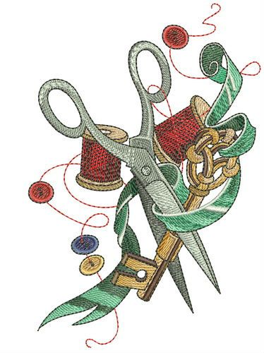 Scissors, ribbon, key and threads machine embroidery design 