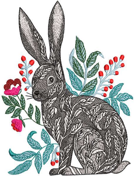Bunny flowers berries decorated leaves embroidery design