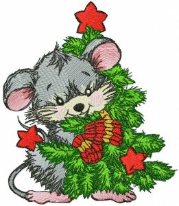 Mouse hugs Christmas tree embroidery design