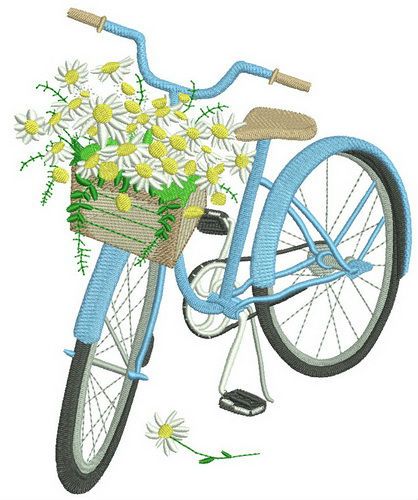 Bicycle and chamomiles machine embroidery design