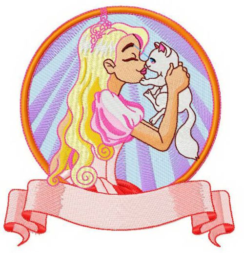 Princess with cute kitten machine embroidery design