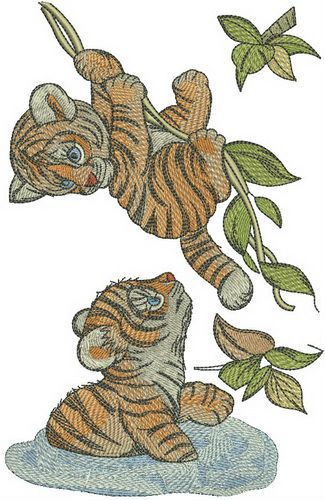 Tiger cubs playing in jungle machine embroidery design