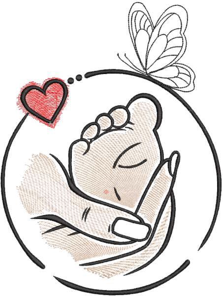 Babys foot in mothers hand embroidery design