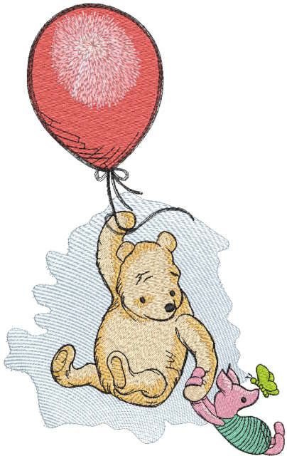 Winnie Pooh and Piglet in a Balloon embroidery design
