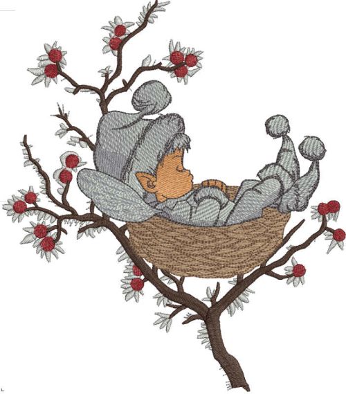 Sleeping winter elf embroidery design