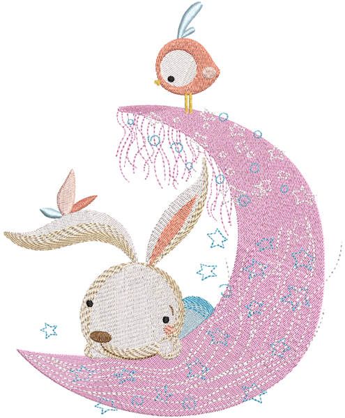Diseño de bordado de media luna rosa de pájaro conejito