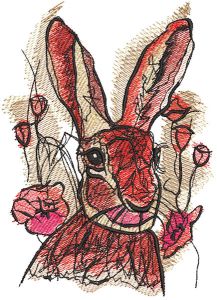 Rabbit among tulips embroidery design