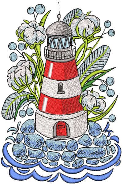 Toy lighthouse in garden embroidery design