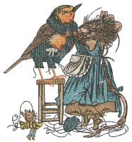 Mouse tailor sews clothes for starling