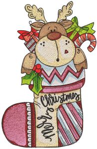 Moose with gifts in christmas sock embroidery design