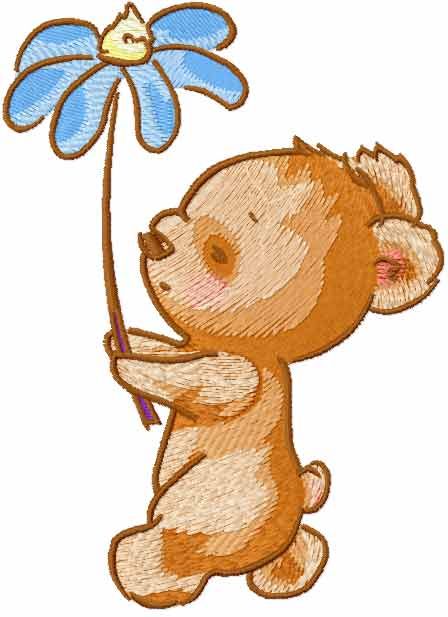 Walking Teddy Bear with flower embroidery design