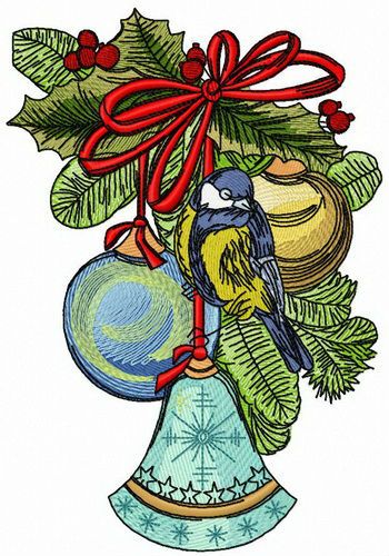 Christmas bell and tit machine embroidery design
