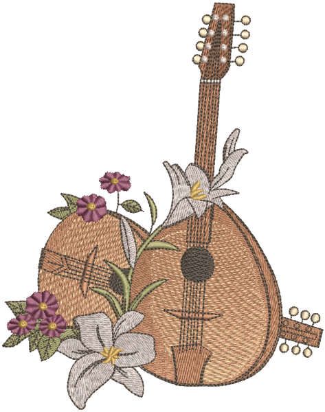 Mandolins and lilies embroidery design