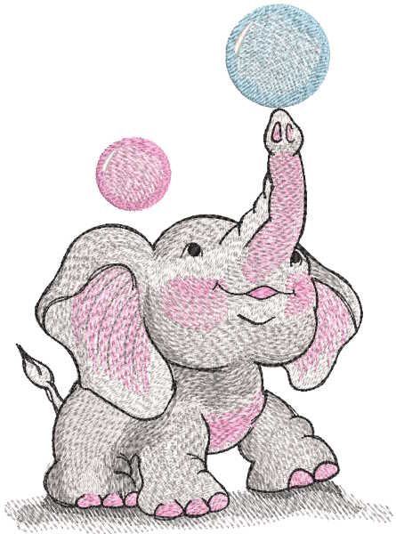 Baby elephant juggling balls embroidery design