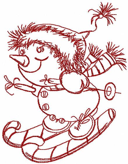 Snowman skiing redwork embroidery design