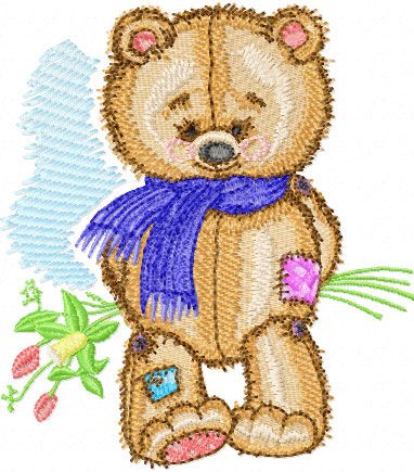 Old Toys Teddy Bear with Bouquet  machine embroidery design