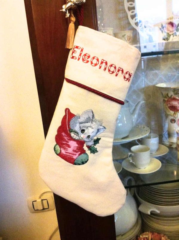 Embroidered christmas sock with cat design