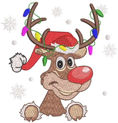 Reindeer in santa hat wit garland on antlers embroidery design